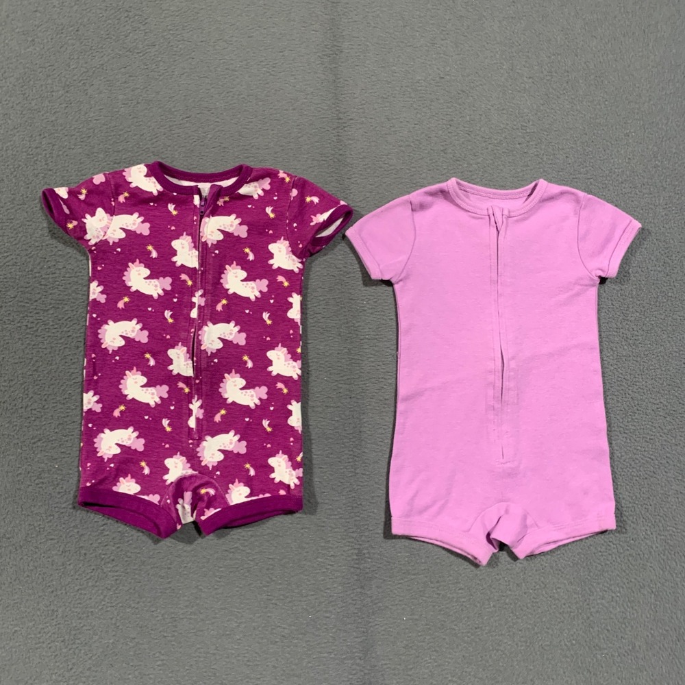 Hanes Romper 2-Pack Baby Girl 6-12M Purple Unicorn Zip Front Pajamas Playwear